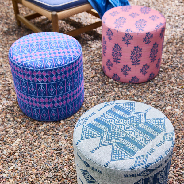 Indoor/Outdoor Pouf in Peter Dunham Textiles Persis White on Indigo