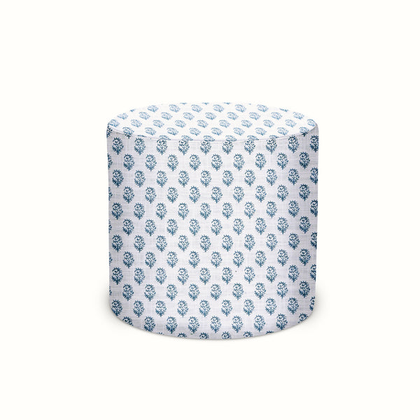 Indoor/Outdoor Pouf in Peter Dunham Textiles Rajmata Aquamarine on White