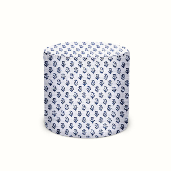 Indoor/Outdoor Pouf in Peter Dunham Textiles Rajmata Navy on White