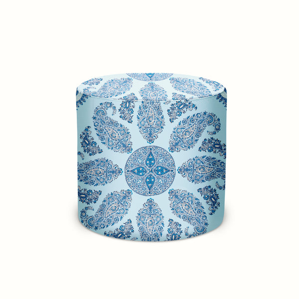 Indoor/Outdoor Pouf in Peter Dunham Textiles Samarkand Indigo on Sky