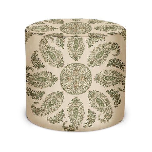 Indoor round pouf with green paisley pattern on natural fabric, upholstered top and sides