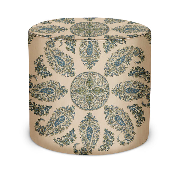Indoor pouf ottoman in round drum shape, cream base with blue-green paisley print