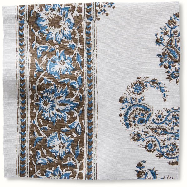 Oyster pillow cover with blue and brown floral medallion and border pattern