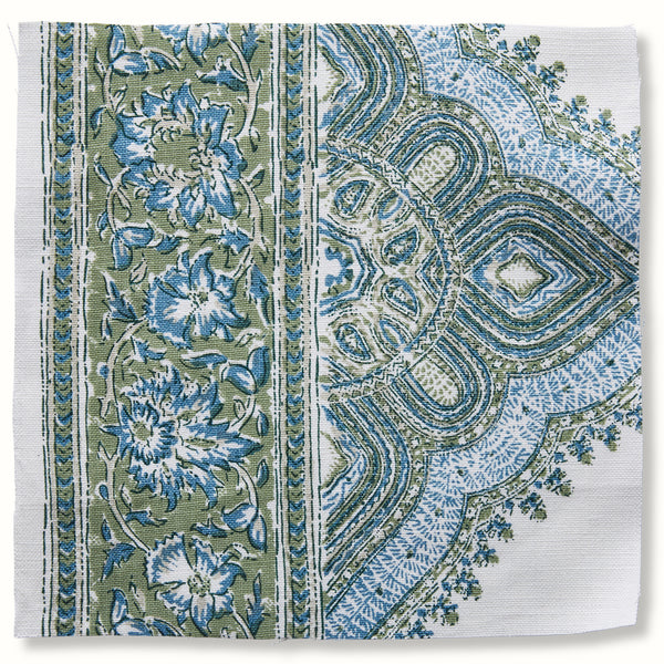 Samarkand patterned pillow cover in blue and green on white, floral and geometric