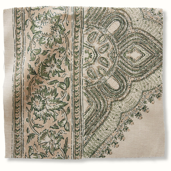 Green and natural patterned pillow cover with floral panel and ornamental medallions