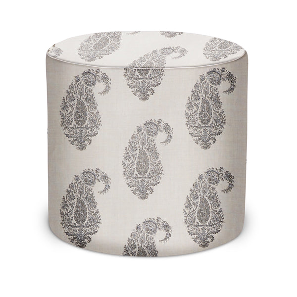 Round indoor pouf, natural fabric with charcoal paisley damask pattern, fabric top.