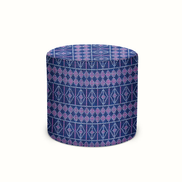 Indoor/Outdoor Pouf in Peter Dunham Textiles Souk Blue/Pink on Indigo