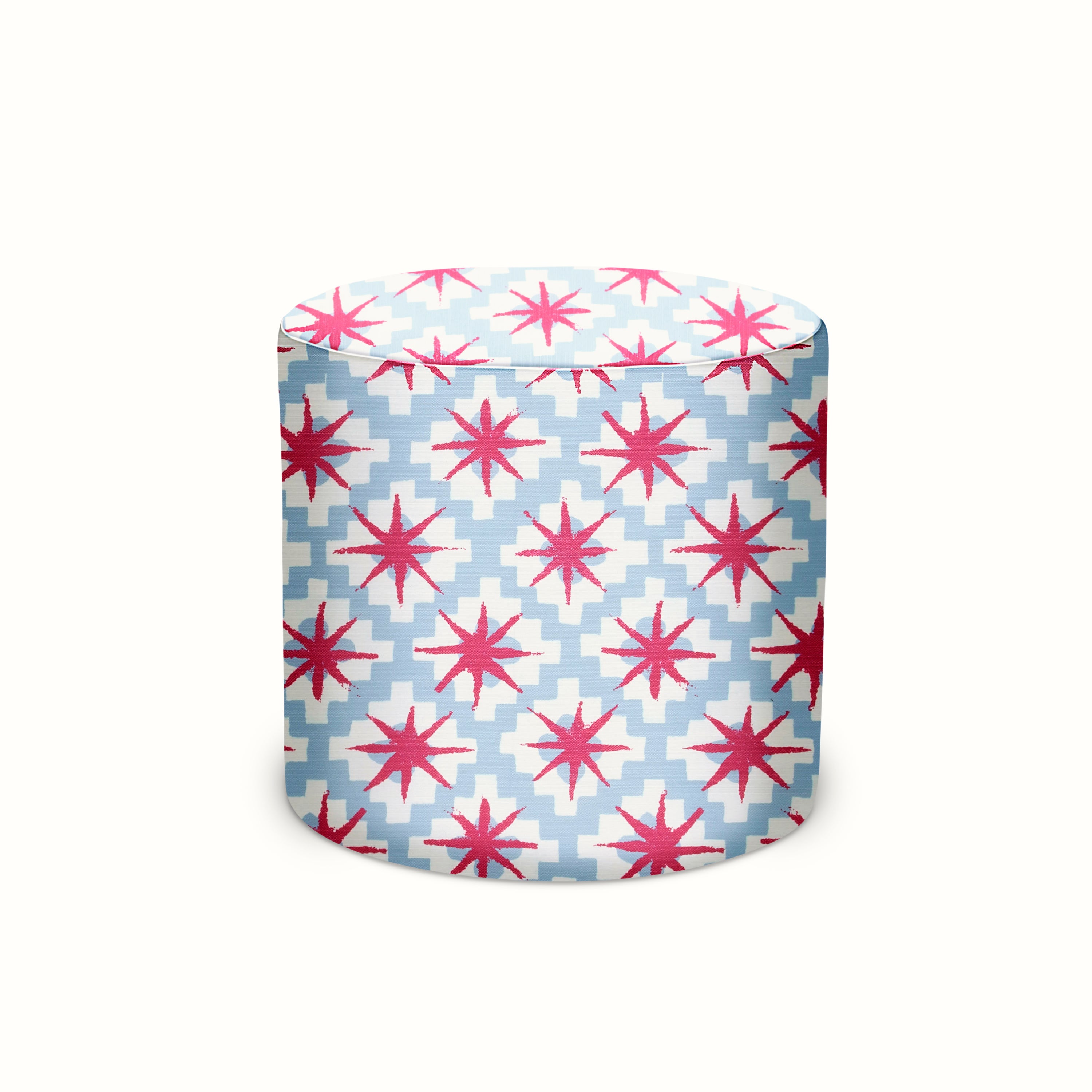 Indoor/Outdoor Pouf in Peter Dunham Textiles Starburst Raspberry/Sky