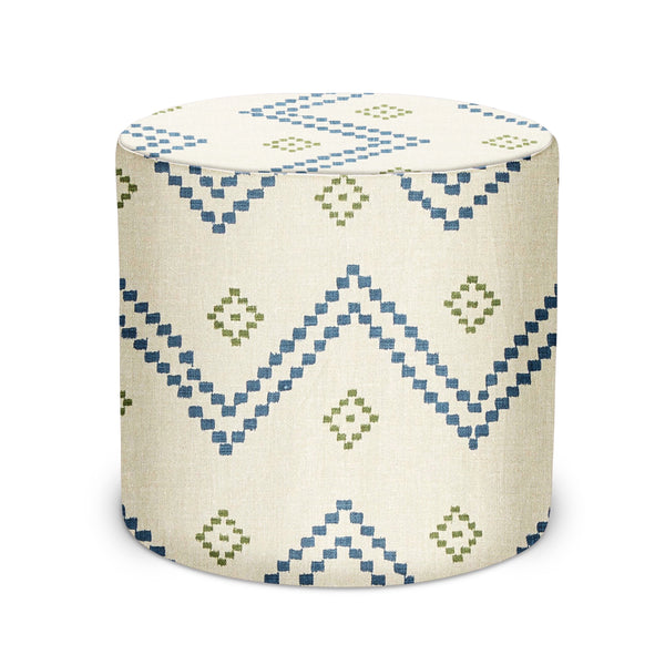 Indigo and green geometric patterned indoor pouf with cylindrical fabric seat