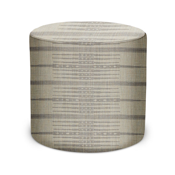 Indoor pouf ottoman with cylindrical linen-like ash and gray striped fabric top