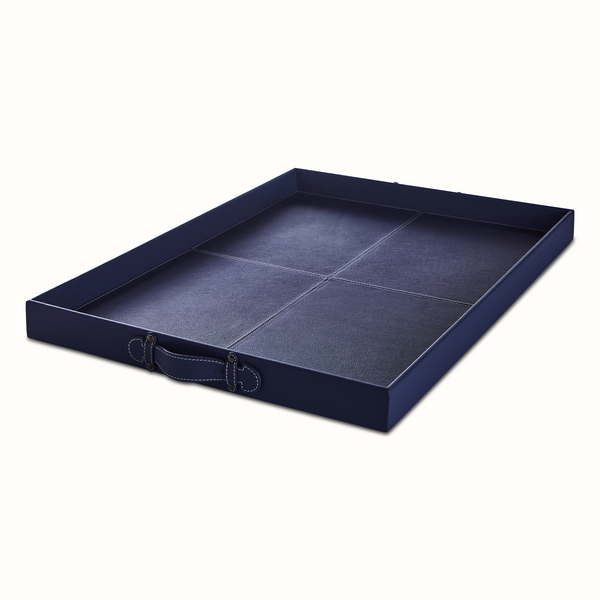 Rectangular Leather Stitched Tray in Blue and Saddle