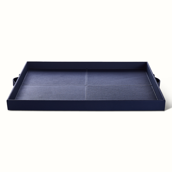 Rectangular Leather Stitched Tray in Blue and Saddle