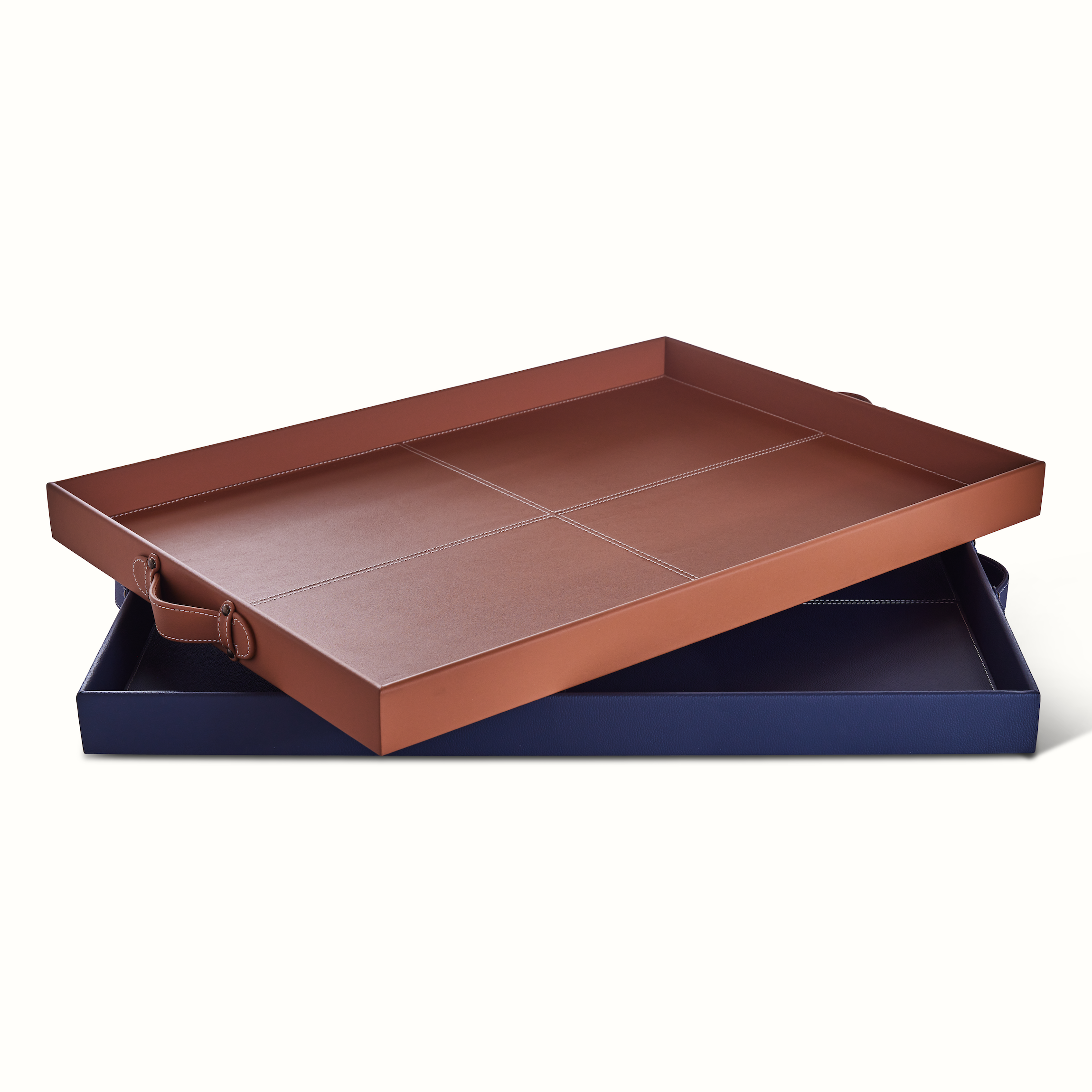 Rectangular Leather Stitched Tray in Blue and Saddle