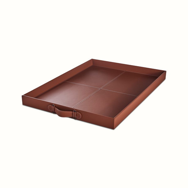 Rectangular Leather Stitched Tray in Blue and Saddle