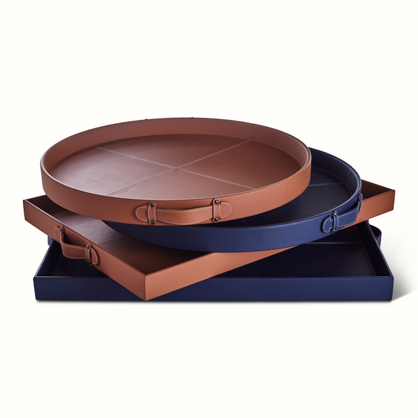 Round Leather Stitched Tray in Blue and Saddle