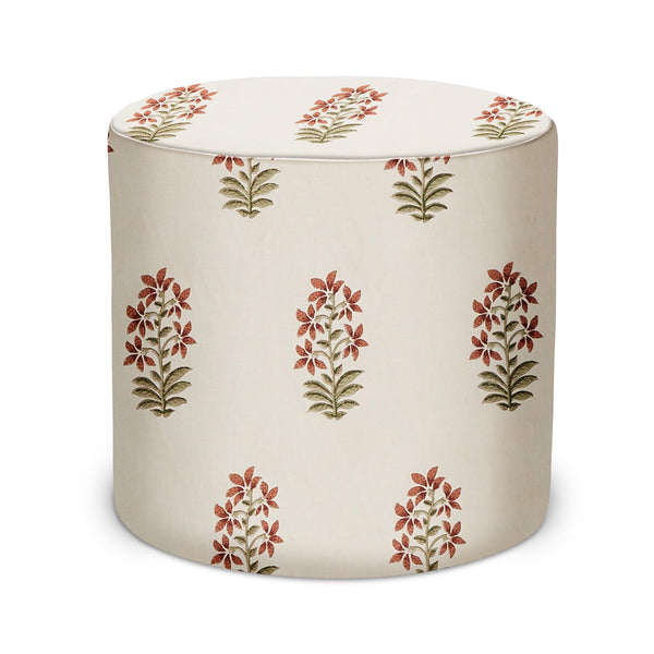 Red and green floral indoor pouf ottoman, cylindrical drum top