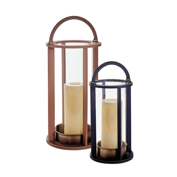 Leather stitched lantern with handles, navy and saddle metal frames and glass panels