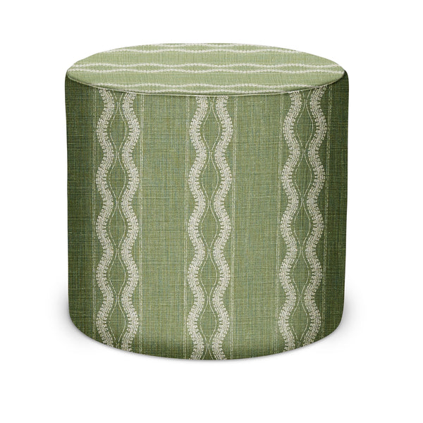 Round indoor pouf ottoman in green with white wavy stripe pattern, fabric cover