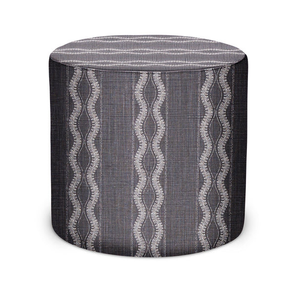 Indoor pouf, charcoal cylinder with vertical wavy pattern in light gray