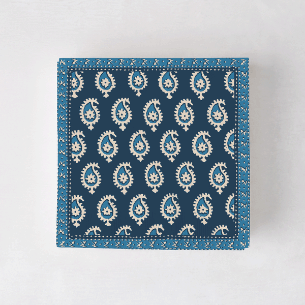 Set of 50 cocktail napkins, teal and navy with repeating paisley medallion pattern