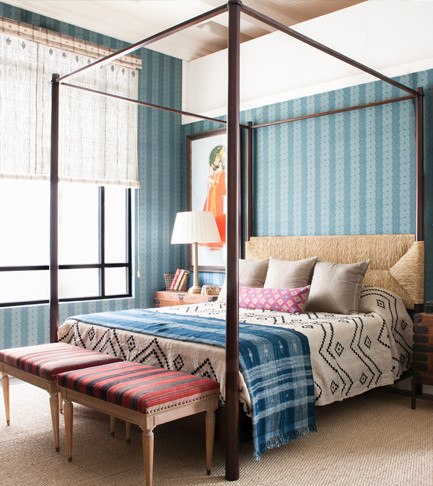 Our beautiful Perriand 4 Poster Bed is handmade in Los Angeles with a handwoven natural rush headboard and foot board and a solid wood frame. The Perriand 4 Poster, designed by Hollywood at Home founder Peter Dunham, anchors a bedroom with texture and style.