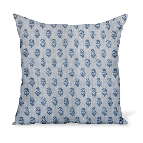 Peter Dunham Textiles' small-scale paisley linen print, Rajamata Tonal in Indigo blue and Misty gray colors--a wonderful way to add personality with a decorative pillow or cushion.
