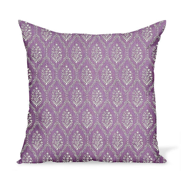 Amethyst purple decorative throw pillow with white lattice and leaf pattern