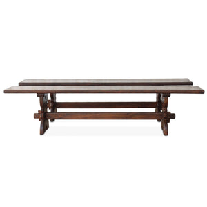 Vintage walnut bench with thick plank seat and X-style trestle legs, front view