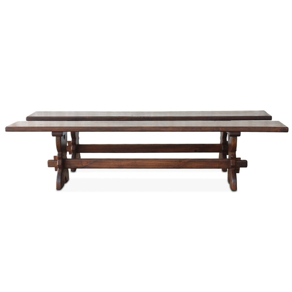 Vintage walnut bench with thick plank seat and X-style trestle legs, front view