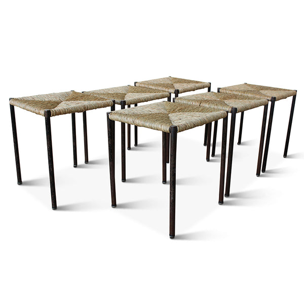 Rush and metal stools set with square woven tops and dark tapered legs