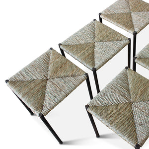 Rush and metal stools set with woven square seats and dark metal frames