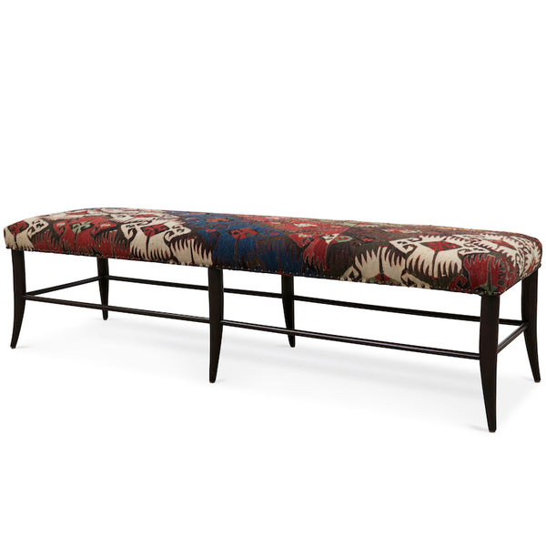 The Croft Bench, designed by Hollywood at Home founder Peter Dunham, has an Alder wood frame and bench-seat in the fabric of your choosing. We upholstering this bench with a vintage rug!