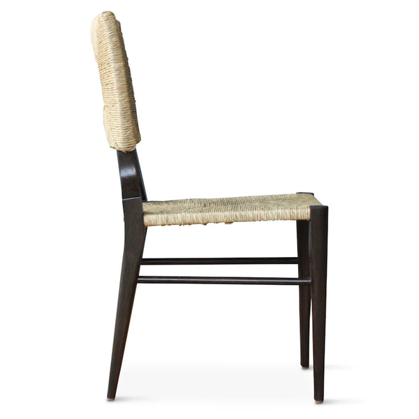 A dining side chair of our iconic handmade How to Marry A Millionaire chair, a reedition of a chair our founder Peter Dunham bought at a Hollywood memorabilia auction and attributed to legendary designer T. H. Robsjohn-Gibbings.