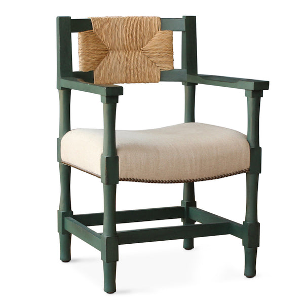 This New York Athletic Club dining side chair is a 40s twist on an arts & crafts classic: a re-edition by Peter Dunham for Hollywood at Home of a chair from the Downtown New York Athletic Club. Remarkably comfortable, the chair is crafted from hand-turned solid oak and handwoven rush.