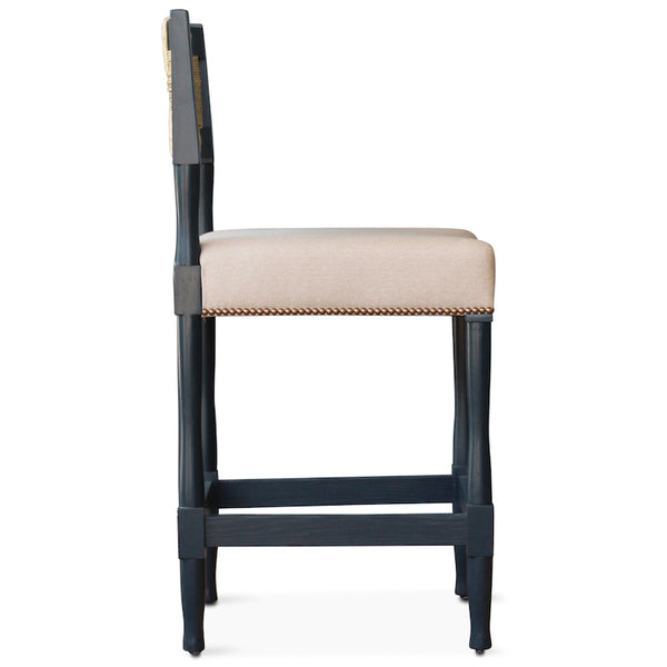 This New York Athletic Club counter or barstool is a '40s twist on an arts & crafts classic: a re-edition by Peter Dunham for Hollywood at Home of a chair from the Downtown New York Athletic Club. Remarkably comfortable, the chair is crafted from hand-turned solid oak and handwoven rush.